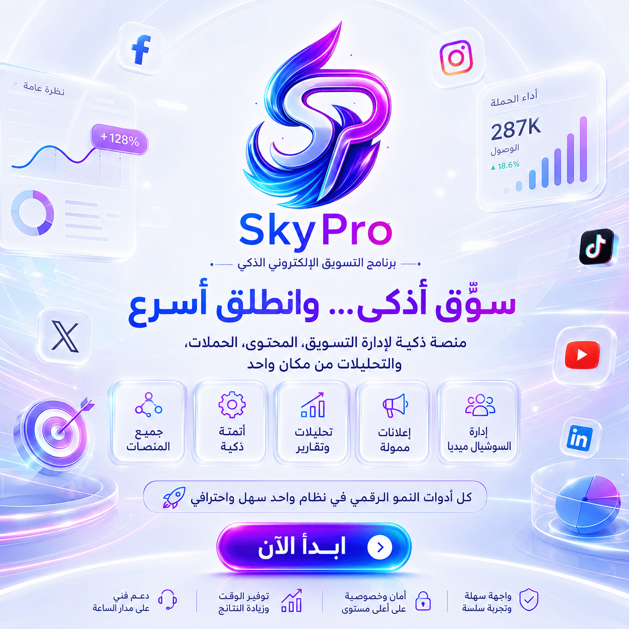 تحليلات تسويق احترافية — معدل نمو 145% ومعدل تحويل 230% مع SkyPro