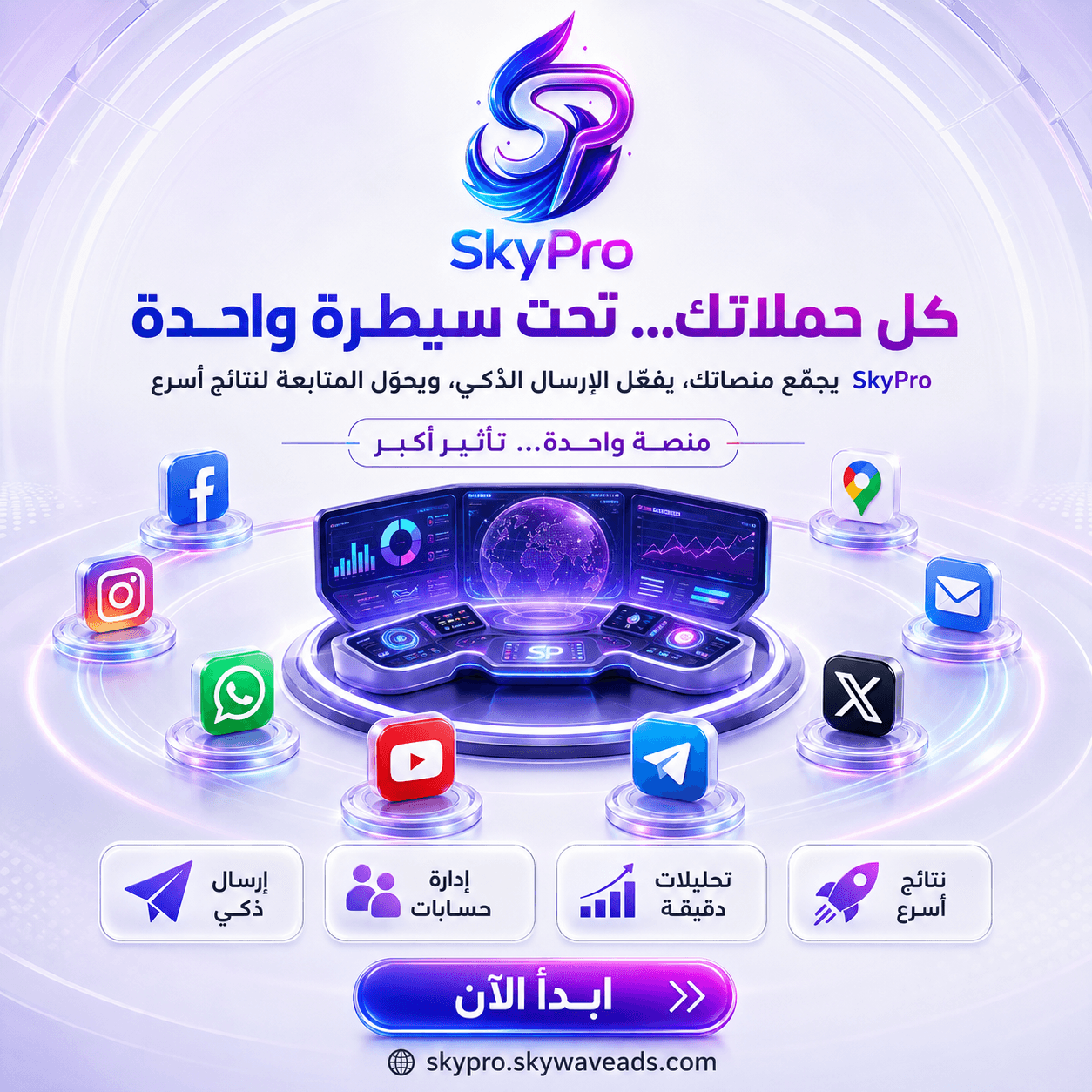 SkyPro — كل حملاتك التسويقية تحت سيطرة لوحة تحكم واحدة بالذكاء الاصطناعي